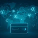 Global digital payment network with currency symbols and security